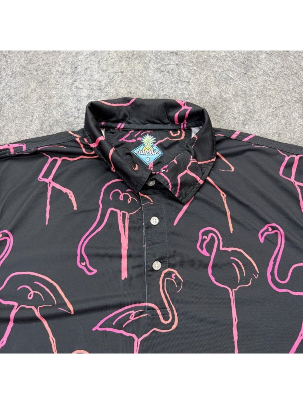 Chubbies Performance Polo Shirt Men XL Black Pink Flamingo Print Pretty Palette